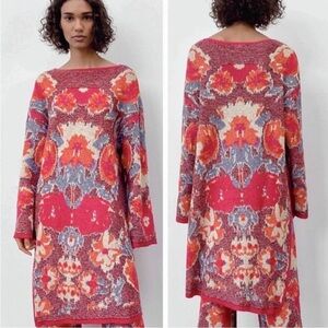Zara FLORAL JACQUARD KNIT TUNIC SWEATER DRESS - Women's Large